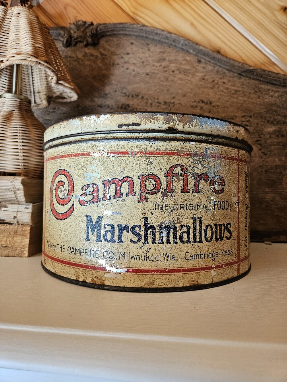 Vintage Campfire Marshmallows Tin 10 Inches Milwaukee Wi & Csmbridge MA